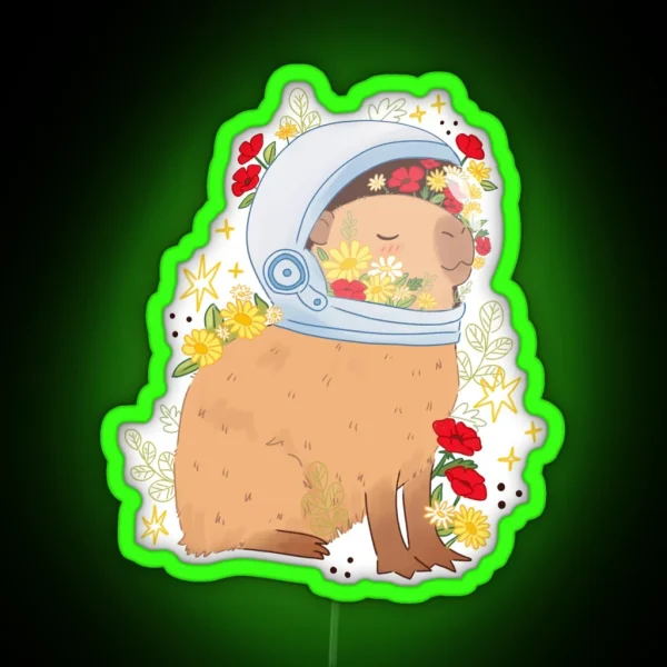Cute Peaceful Capybara Astronaut With Flowers RGB Neon Sign