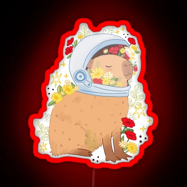 Cute Peaceful Capybara Astronaut With Flowers RGB Neon Sign