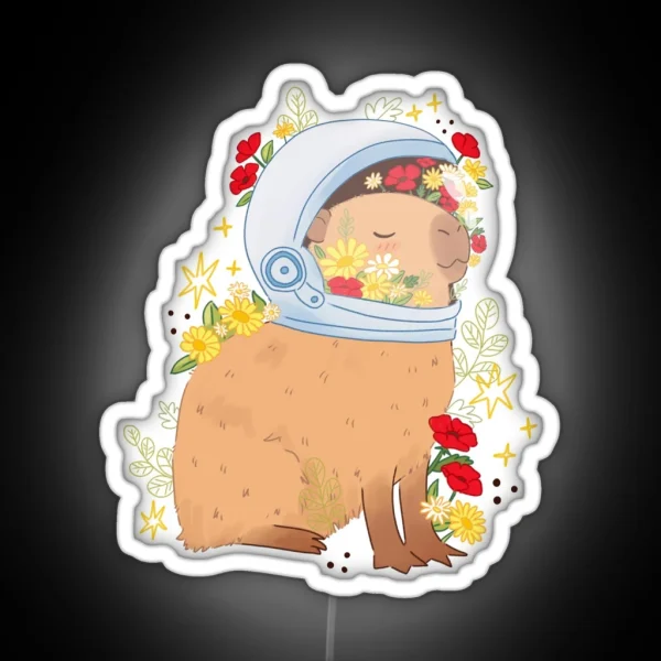 Cute Peaceful Capybara Astronaut With Flowers RGB Neon Sign