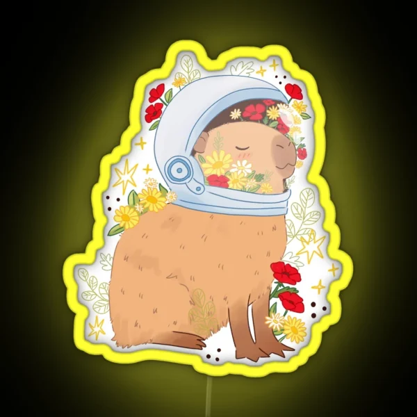 Cute Peaceful Capybara Astronaut With Flowers RGB Neon Sign