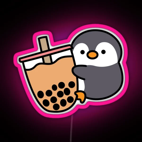 Cute Penguin Bubble Tea Kawaii Boba Milk Tea Happy Animal Gift For Him Gift For Her Children Pet Design RGB Neon Sign