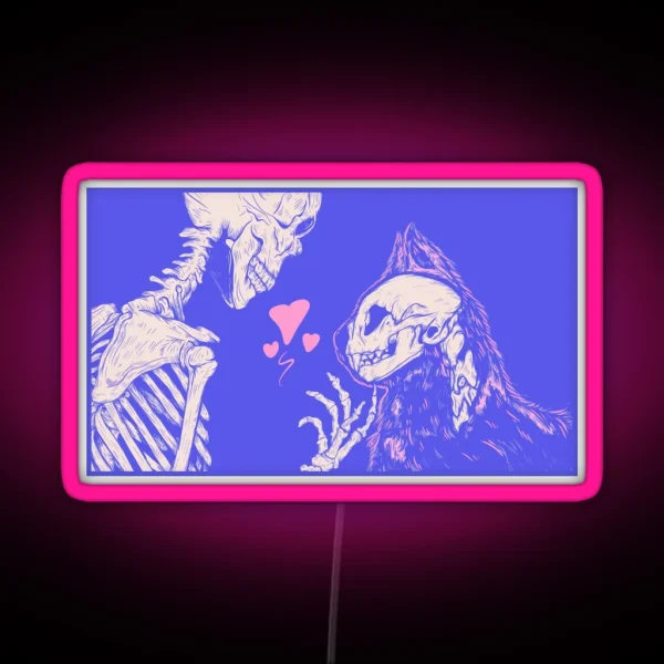 Cute Pink And Purple Skeleton With Cat Playful Kitty Companion RGB Neon Sign