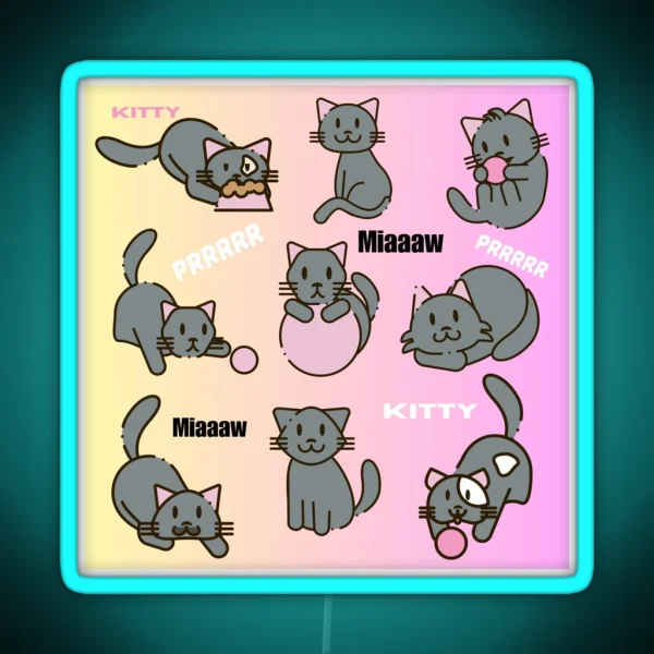 Cute Playful Cats Pattern In Grey Yellow And Pink RGB Neon Sign