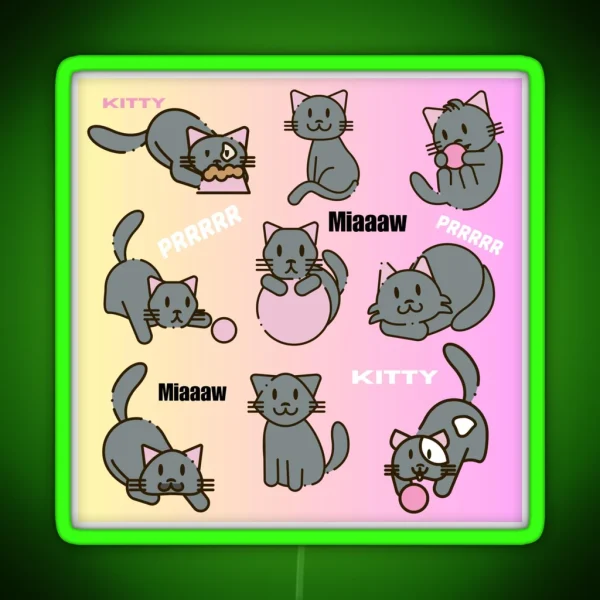 Cute Playful Cats Pattern In Grey Yellow And Pink RGB Neon Sign