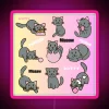 Whimsical feline design illuminates with vibrant grey, yellow, and pink tones.