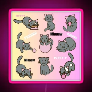 Cute Playful Cats Pattern In Grey Yellow And Pink RGB Neon Sign