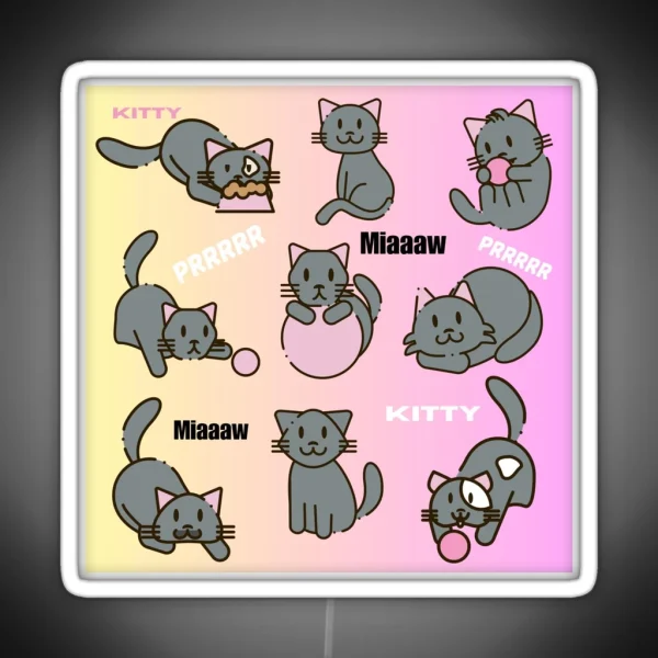 Cute Playful Cats Pattern In Grey Yellow And Pink RGB Neon Sign