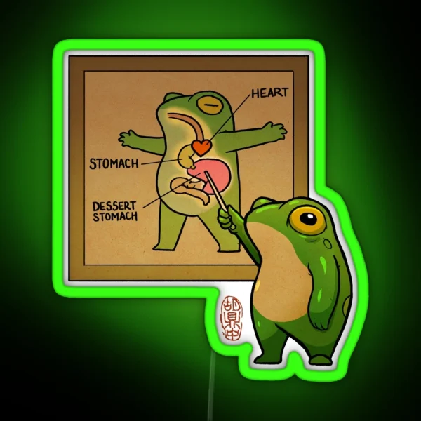 Cute Pudgy Frog Showing Dessert Stomach Diagram Asian RGB Neon Sign