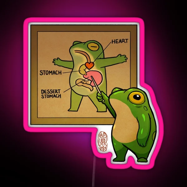 Cute Pudgy Frog Showing Dessert Stomach Diagram Asian RGB Neon Sign