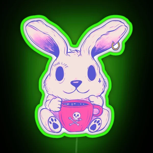 Cute Rabbit Drinking Tea Whimsical Bunny Brew Time RGB Neon Sign