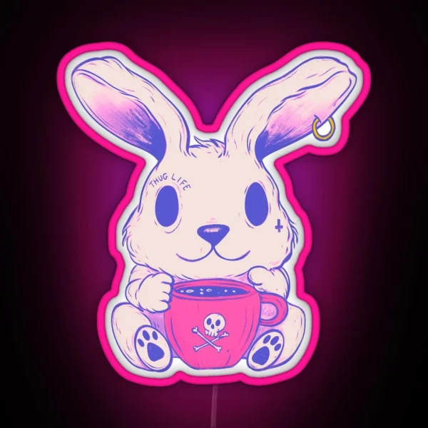 Cute Rabbit Drinking Tea Whimsical Bunny Brew Time RGB Neon Sign