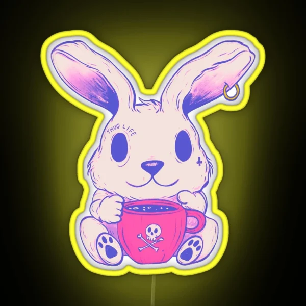 Cute Rabbit Drinking Tea Whimsical Bunny Brew Time RGB Neon Sign