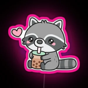 Cute Raccoon Loves Bubble Tea RGB Neon Sign