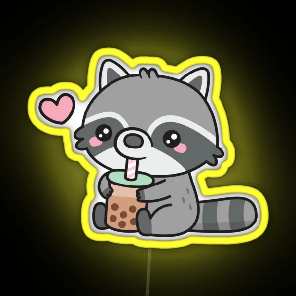 Cute Raccoon Loves Bubble Tea RGB Neon Sign