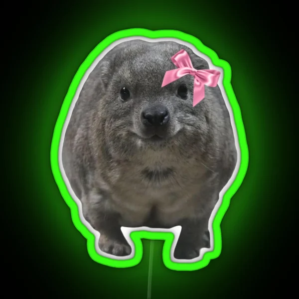 Cute Rock Hyrax Wearing Pink Ribbon Bow RGB Neon Sign