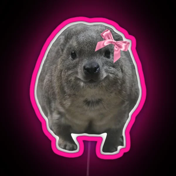 Cute Rock Hyrax Wearing Pink Ribbon Bow RGB Neon Sign