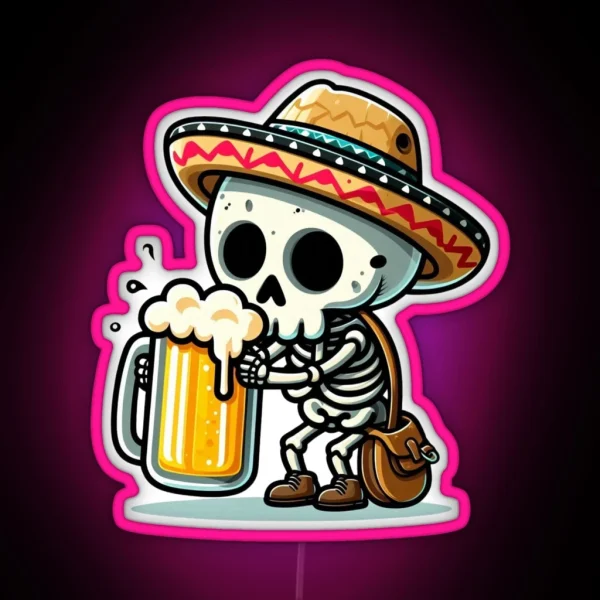 Cute Skeleton Holding A Beer With Mexican Hat RGB Neon Sign