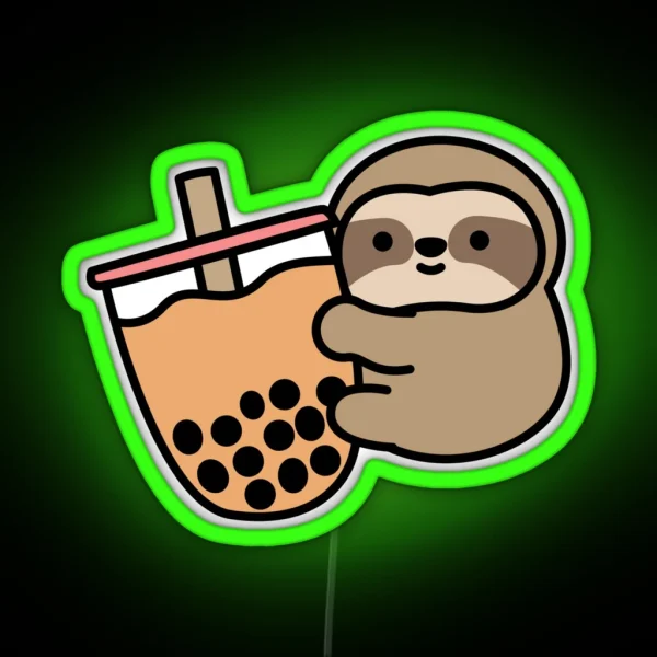 Cute Sloth Bubble Tea Kawaii Boba Milk Tea Happy Animal RGB Neon Sign