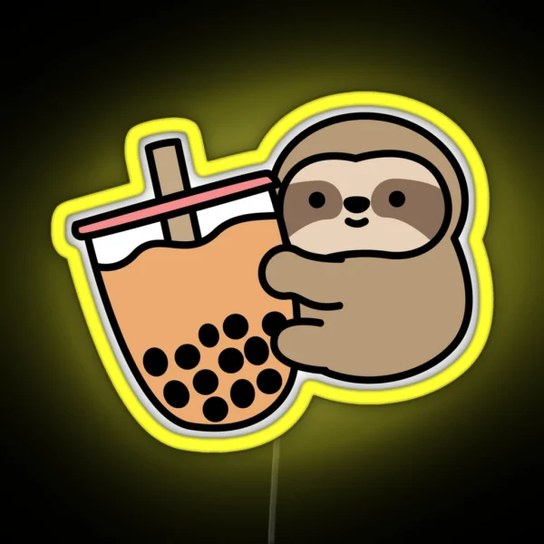 Cute Sloth Bubble Tea Kawaii Boba Milk Tea Happy Animal RGB Neon Sign