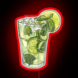 Delicious Mojito Alcohol Cocktail With Lime Mint Leaves And Ice In Glass Hand Drawn Food Illustration RGB Neon Sign