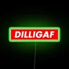 Nonchalant humor expressed through colorful, high-contrast Dilligaf neon sign art