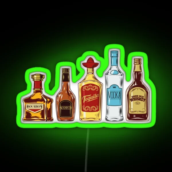 Diverse Spirits Vivid Illustration Featuring Different Liquor Bottles RGB Neon Sign