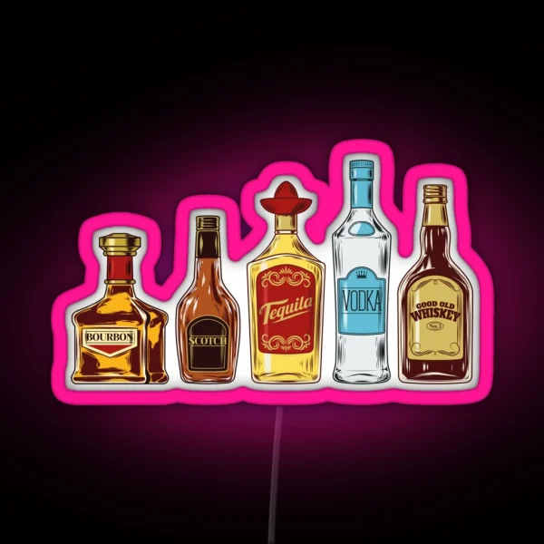 Diverse Spirits Vivid Illustration Featuring Different Liquor Bottles RGB Neon Sign