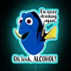 Brightly lit neon sign reads 'Dory I'm Never Drinking Again'