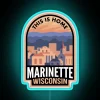 Retro style downtown Marinette Wisconsin cityscape illuminated by color changing light.
