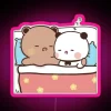 Cozy couple panda cuddle friends shining in colorful neon light.
