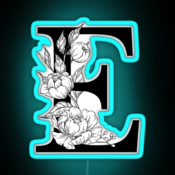 E Botanical Monogram Detailed Peony Drawing RGB Neon Sign