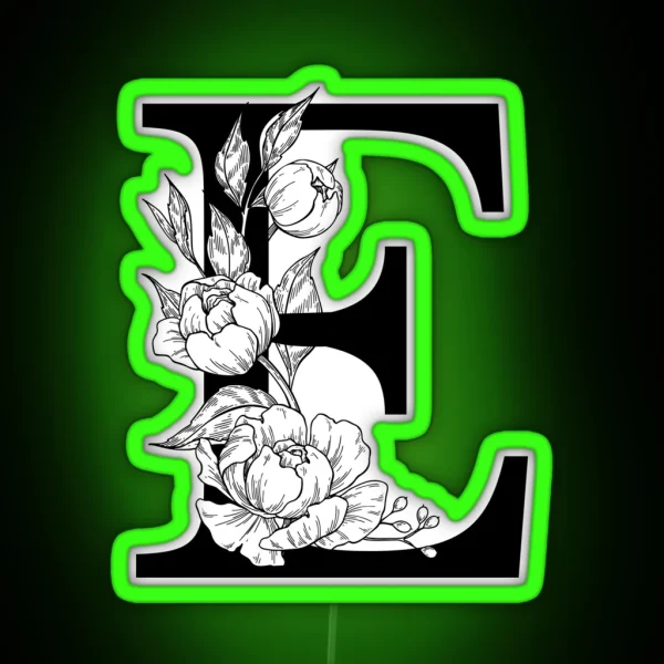 E Botanical Monogram Detailed Peony Drawing RGB Neon Sign