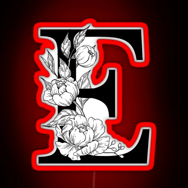 E Botanical Monogram Detailed Peony Drawing RGB Neon Sign