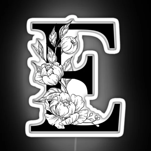 E Botanical Monogram Detailed Peony Drawing RGB Neon Sign