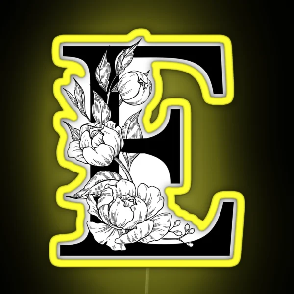 E Botanical Monogram Detailed Peony Drawing RGB Neon Sign