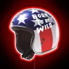 Vibrant LED light display replicates iconic helmet's colorful neon aesthetic.
