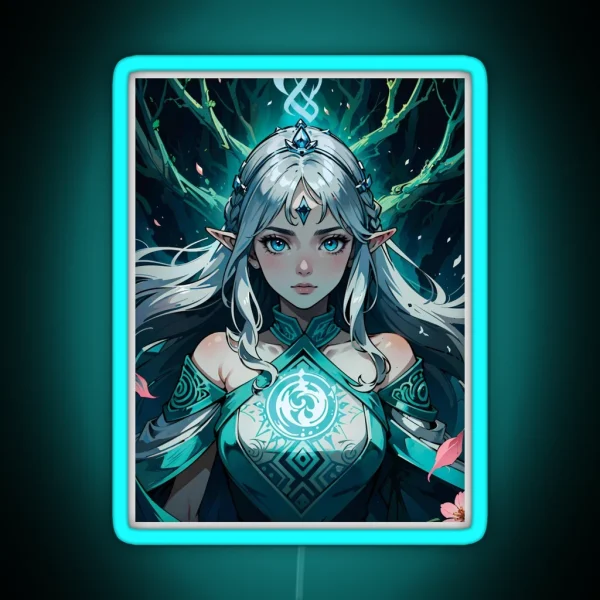 Elf Sorceress With Silver Braided Hair RGB Neon Sign