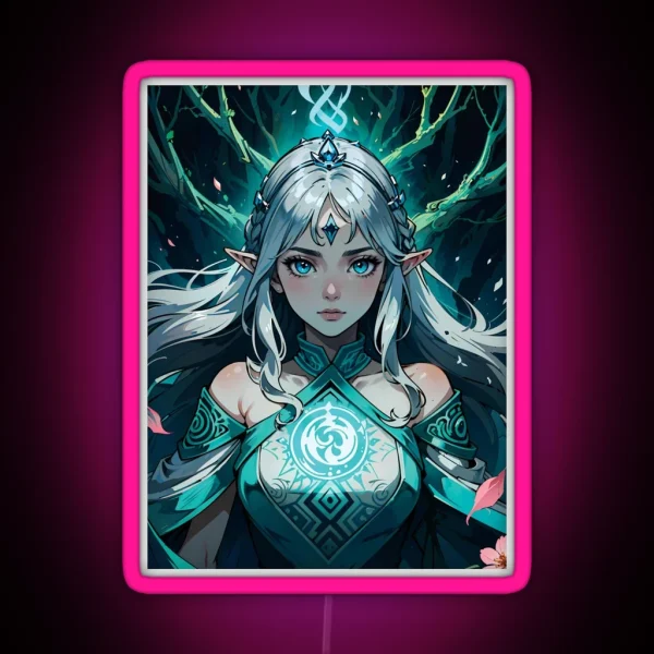 Elf Sorceress With Silver Braided Hair RGB Neon Sign