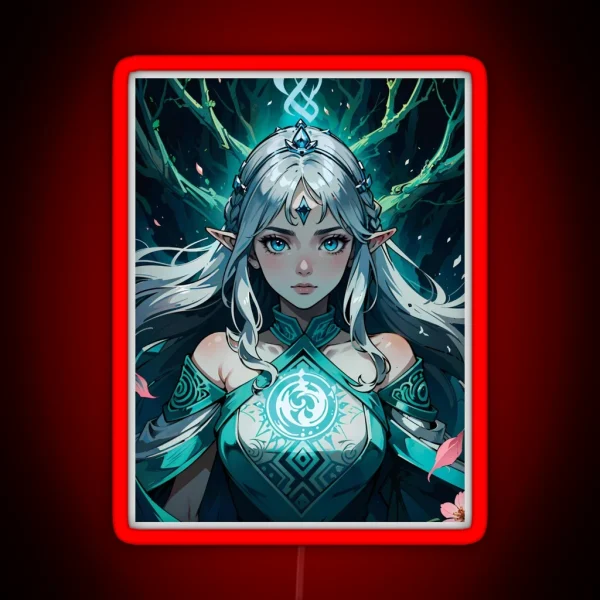 Elf Sorceress With Silver Braided Hair RGB Neon Sign