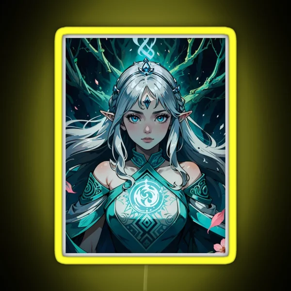 Elf Sorceress With Silver Braided Hair RGB Neon Sign