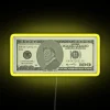 Neon RGB illuminated money bill LED sign with space theme.