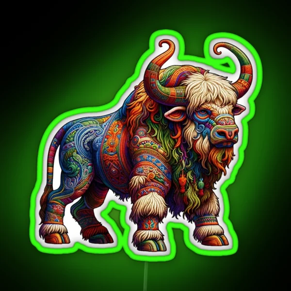 Embroidered Ancient Native American Buffalo Legendary Animal RGB Neon Sign