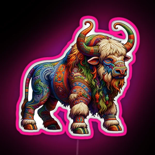 Embroidered Ancient Native American Buffalo Legendary Animal RGB Neon Sign