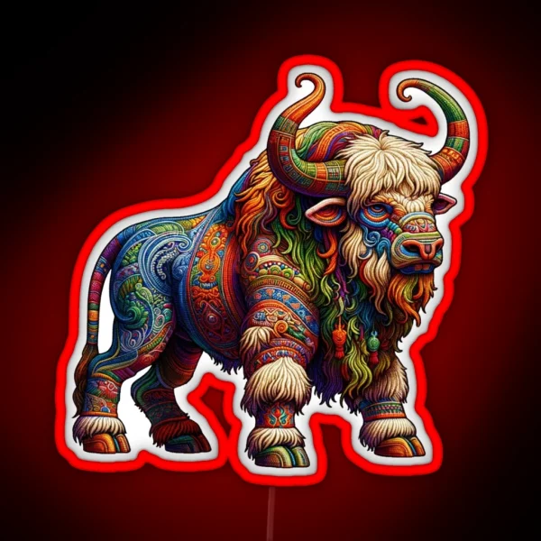 Embroidered Ancient Native American Buffalo Legendary Animal RGB Neon Sign