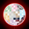 Vintage inspired neon mirror ball decoration with colorful RGB lighting.