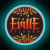 Neon glow illuminates vibrant Eville Pilsner logo in circular design.