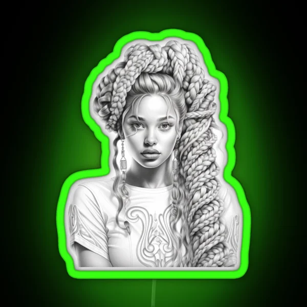 Expressive Drawing Of A Woman With Braided Hair RGB Neon Sign