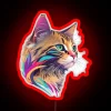Vibrant colorful whimsical feline themed neon LED wall art decoration.