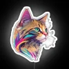 Vibrant neon cat figurine with colorful rainbow lights and sparkles.