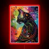 Whimsical fantasy black cat abstract art in vibrant neon colors.